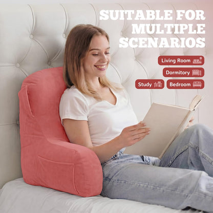 Unisakey Portable Comfy Reading Pillows for Bed Sitting Up(Dark Pink Oeko-Tex), Velvet Back Pillow with Arms & Pockets