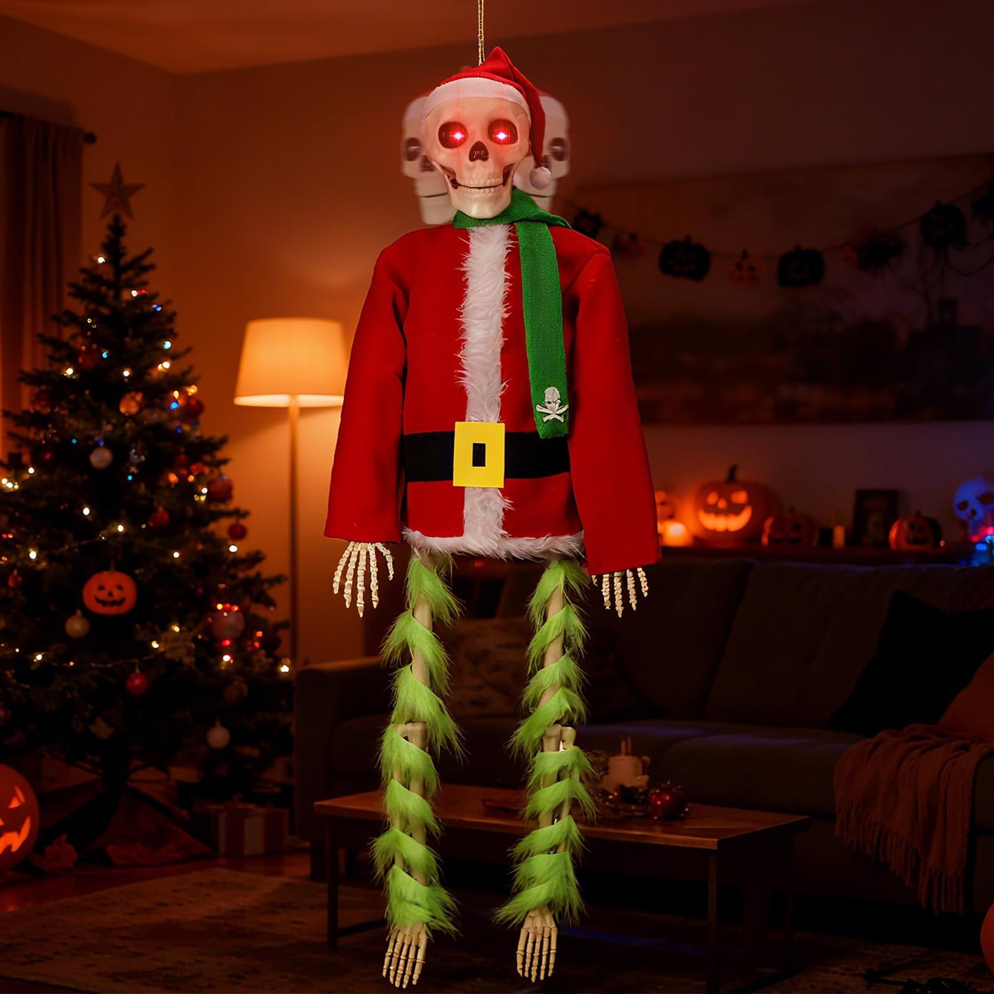 PUIWNON 4.1ft Hanging Skeleton Santa Decoration Light-Up Christmas Halloween Outdoor Decor for Garden Lawn Porch Party