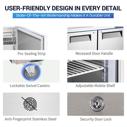 kalifon 48" W 2 Door Refrigerator Sandwich Salad Prep Table Commercial Stainless Steel Fan Cooling Refrigerator with Cutting Board, 2 Shelves & 18 Pans for Restaurant, Bar, Shop-12.9 Cu.ft