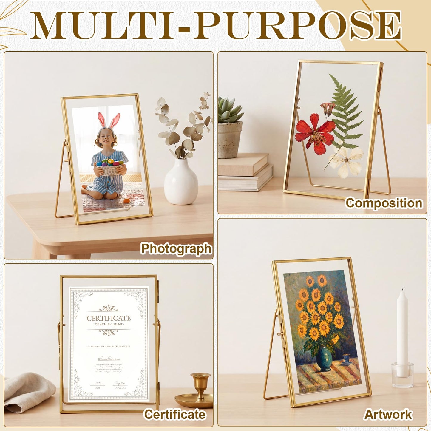 Vicenpal 5 Pack Glass Pressed Flower Frame Handmade, 5 x 7 floating Picture Frames for Pressed Flowers, Brass Double Glass for Tabletop Display, Home Office Plant Specimen, Photos(Gold)