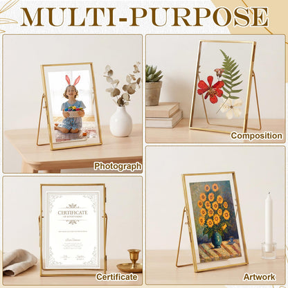 Vicenpal 5 Pack Glass Pressed Flower Frame Handmade, 5 x 7 floating Picture Frames for Pressed Flowers, Brass Double Glass for Tabletop Display, Home Office Plant Specimen, Photos(Gold)