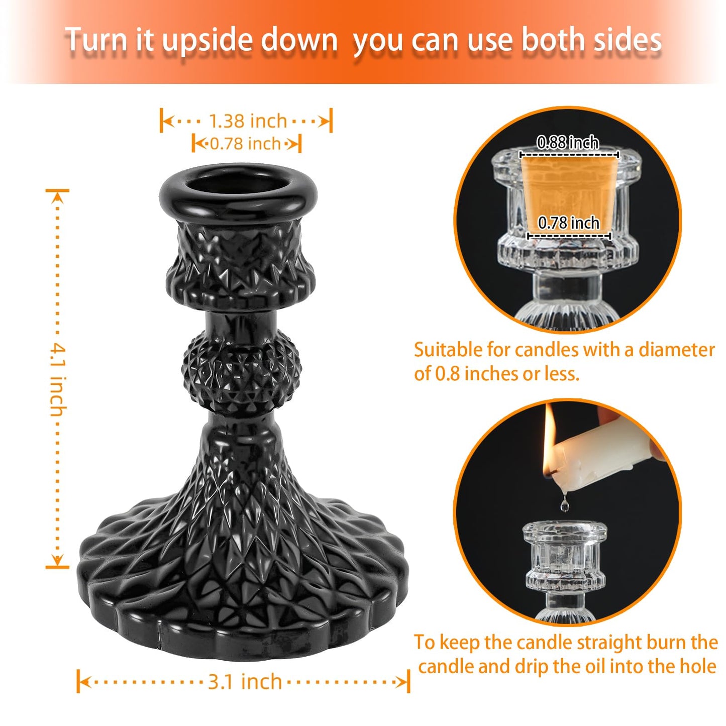 ECHFSM Glass Candlestick Holder,Striped Taper Candle Holders,Set of 6 Candle Stand for Table Centerpieces, Home Decor,Weddings,Festival and Parties (Black Diamond)