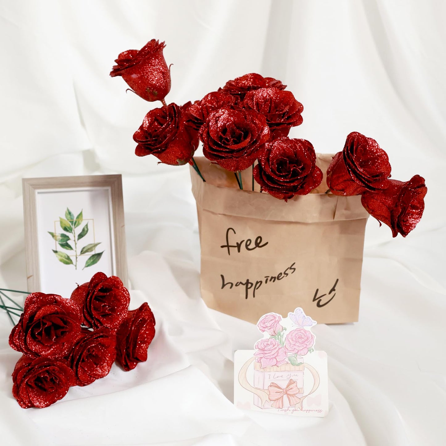 jabeick Glitter Roses Bouquet, Shiny Artificial Roses Flowers with Stems DIY Fake Glitter Flowers Bouquet for Valentines Mothers Day Graduation Birthday Anniversary, 24 Roses (Red)