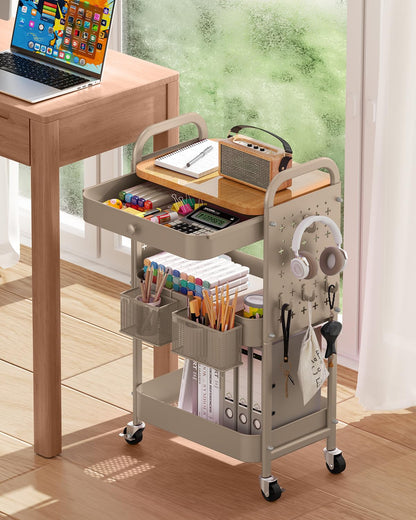 ALVOROG Rolling Cart with Drawer and Wood Table Top, 3 Tier Metal Rolling Utility Cart on Wheels with DIY Pegboards, Hanging Baskets, Hooks for Kitchen, Bedroom, Office, Craft Supplies