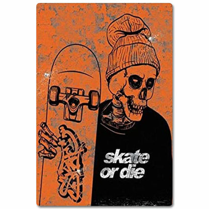 JIUFOTK Skateboard Skeleton Boy Metal Signs - Skate Or Die Tin Posters - Wall & Bedroom Decor - 8x12 Inches
