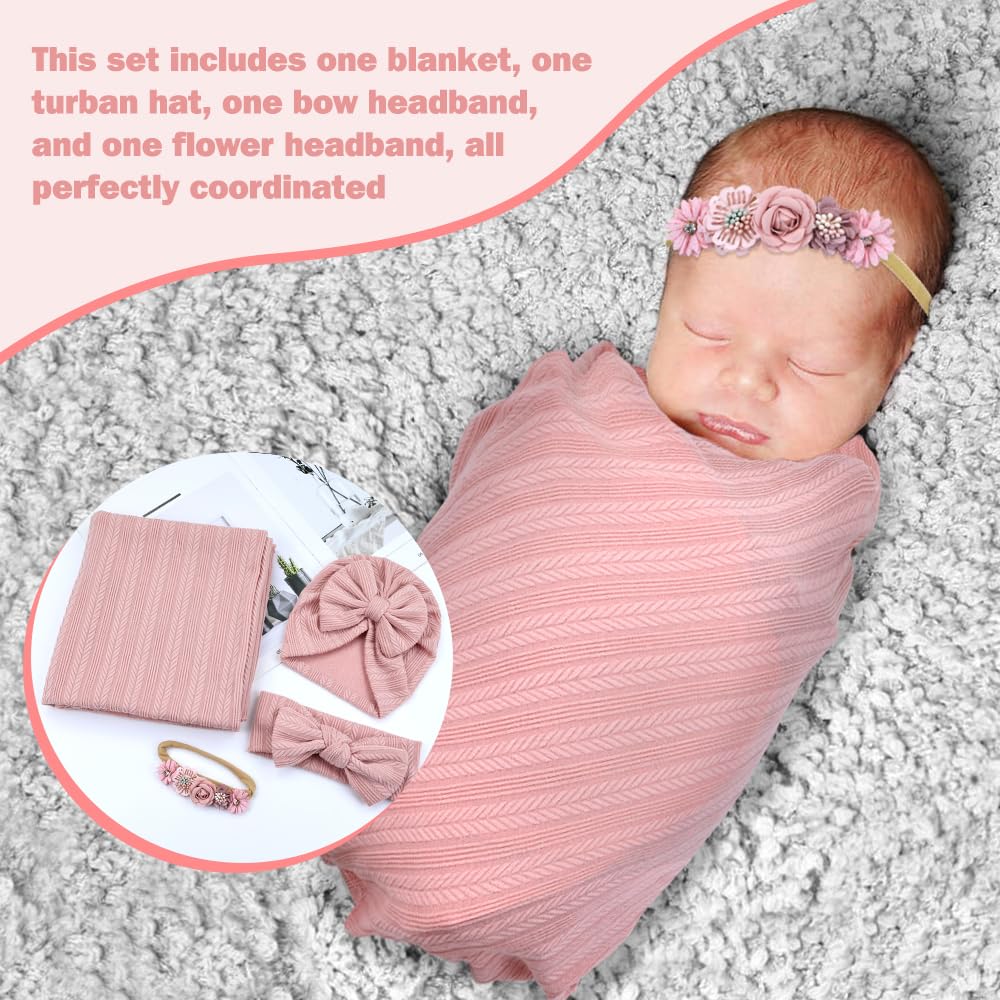 Cinaci 4pcs Dusty Pink Soft Nursery Newborn Baby Receiving Swaddle Blanket with Matching Turban Hat Bow Headbands Floral Nylon Headbands for Baby Girls Newborn Infants
