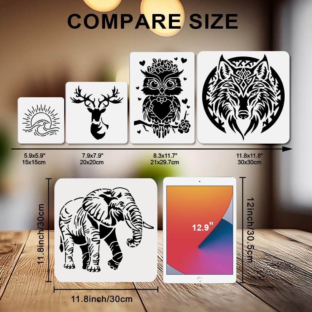 MAYJOYDIY 2 Sets Elephant Stencil 11.7×8.3/11.8x11.8inch Large Forest Animals Painting Stencil with Paint Brush Reusable Jungle Animal Drawing Templates for Wood Canvas Paper Fabric Wall Glass