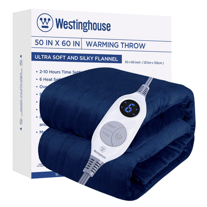 Westinghouse Electric Blanket Heated Throw, Super Cozy Soft Flannel 50"" x 60"" Heated Throw with 6 Fast Heating Levels & 2-10 Auto-Off, Machine Washable, ETL&FCC Certification, Navy Blue