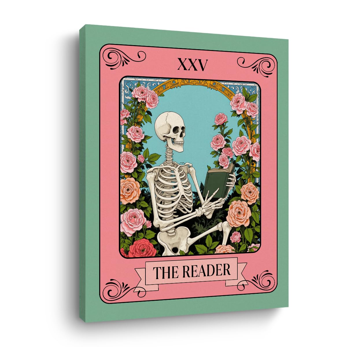 The Reader Tarot Card Wall Art, Funny Skeleton Wallpaper Artwork, Floral Framed Canvas Prints Whimsical Decor, Gothic Theme Prints for Living Room Entryway Bedroom Book Shelf 15x11.4 inch