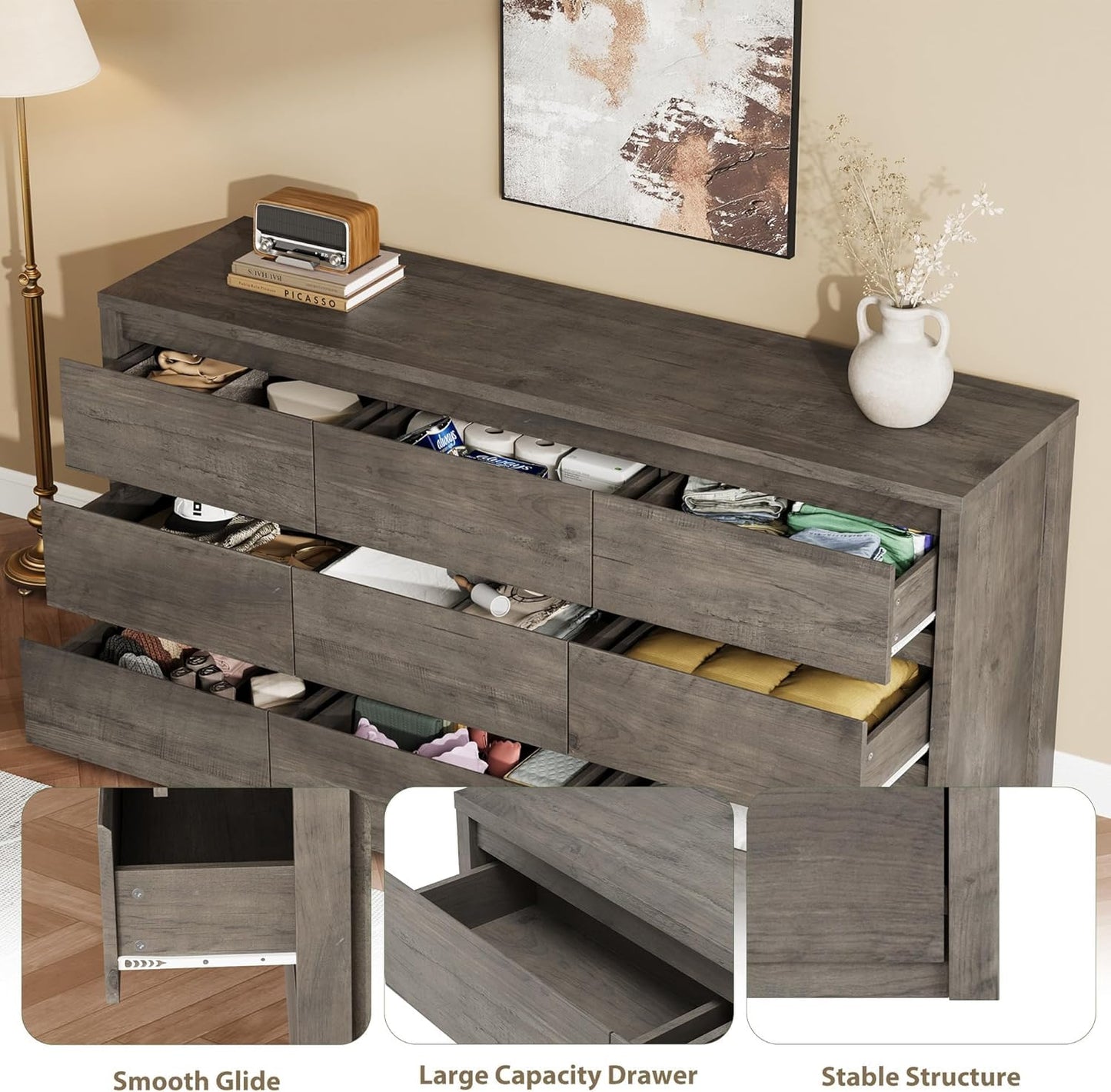GarveeHome 9 Drawer Dresser for Bedroom, Wide Modern Chest of Drawers, Large Wood Dresser Wooden Storage Organizer for Living Room, Hallway Entryway