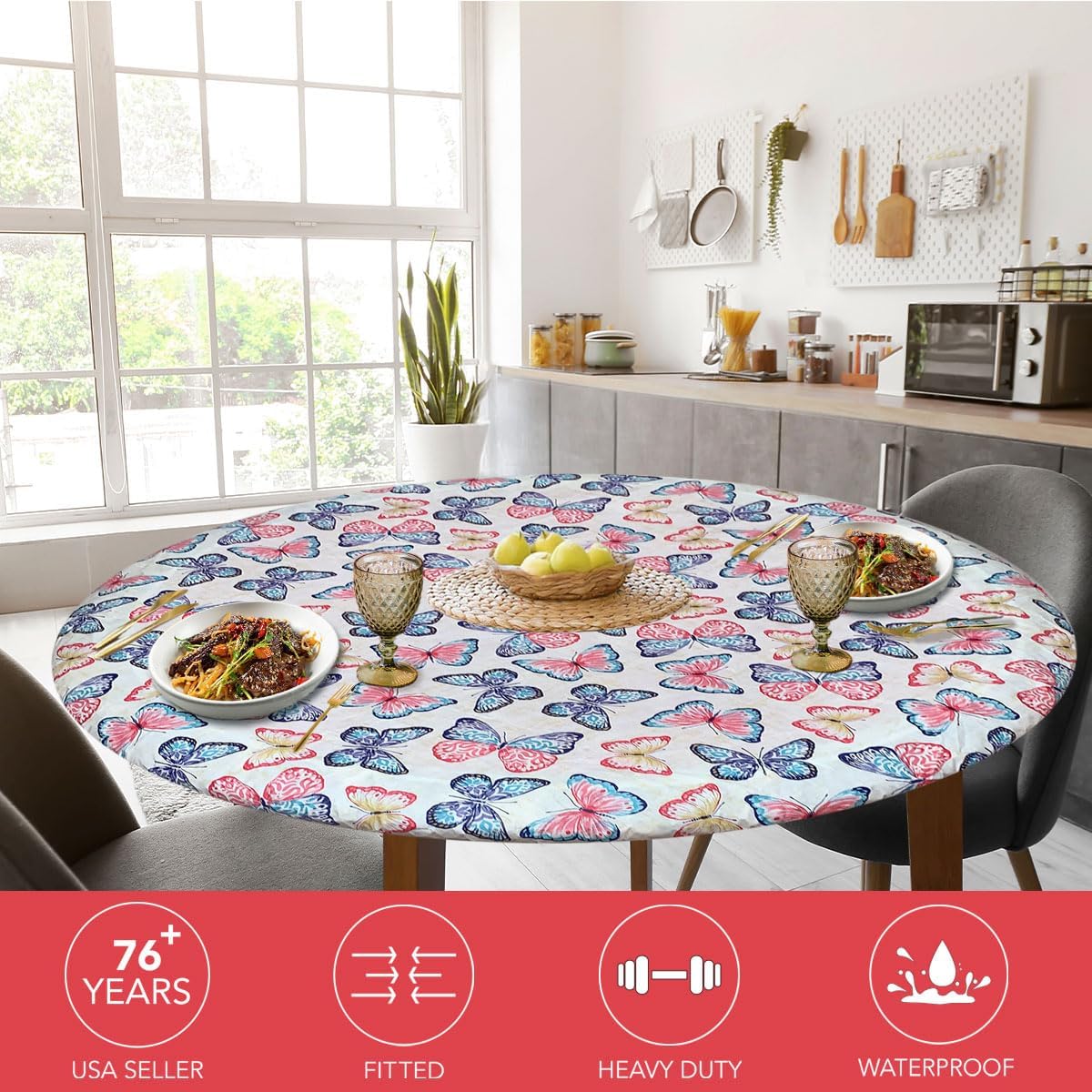 Covers For The Home Deluxe Elastic Edged Vinyl Fitted Table Cover, Butterfly Pattern, Large Round