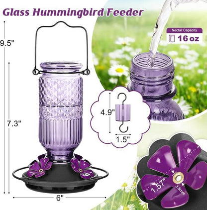 FEED GARDEN Glass Hummingbird Feeder - 16 oz Outdoor Feeder with Bee-Proof Ports & Easy Clean Design, Purple