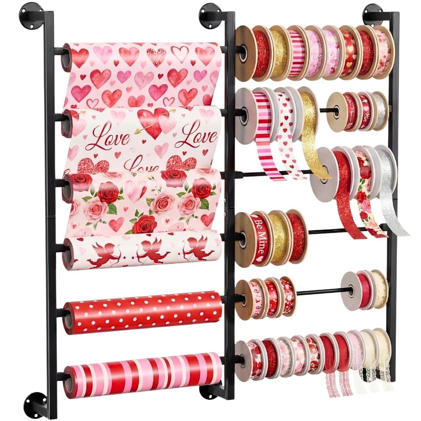 Double 6-Tier Ribbon Storage Organizer, Large Capacity Wall Mount Ribbon Organizer with 12 Removable Rods, Gift Bag Yarn Storage Holder for Craft Room, Flower Shop, DIY Supplies,Wrapping Paper - Metal