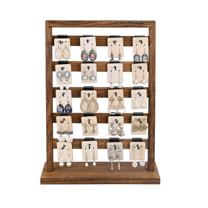 Ikee Design 5 Tiers Free Assemble Wooden Jewelry Display Rack with 20 Removable Metal Hooks,Earring Card Display Stand,Jewelry Organizer,Bracelet Organizer,Keychain Display Stand,Brown Color