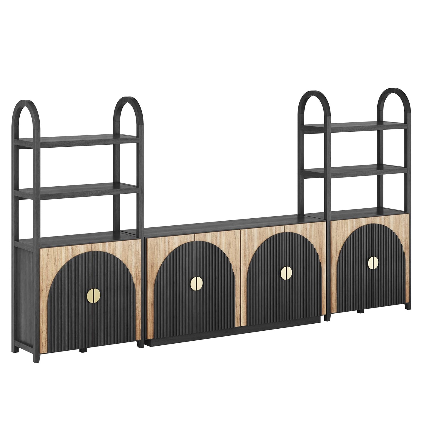 BELLEZE 3-Piece Arched TV Stand Entertainment Center with Storage, Mid Century Modern 2-Piece 72″ Tall Storage Cabinets and 65″ Fluted TV Console for Living Room (Camel)