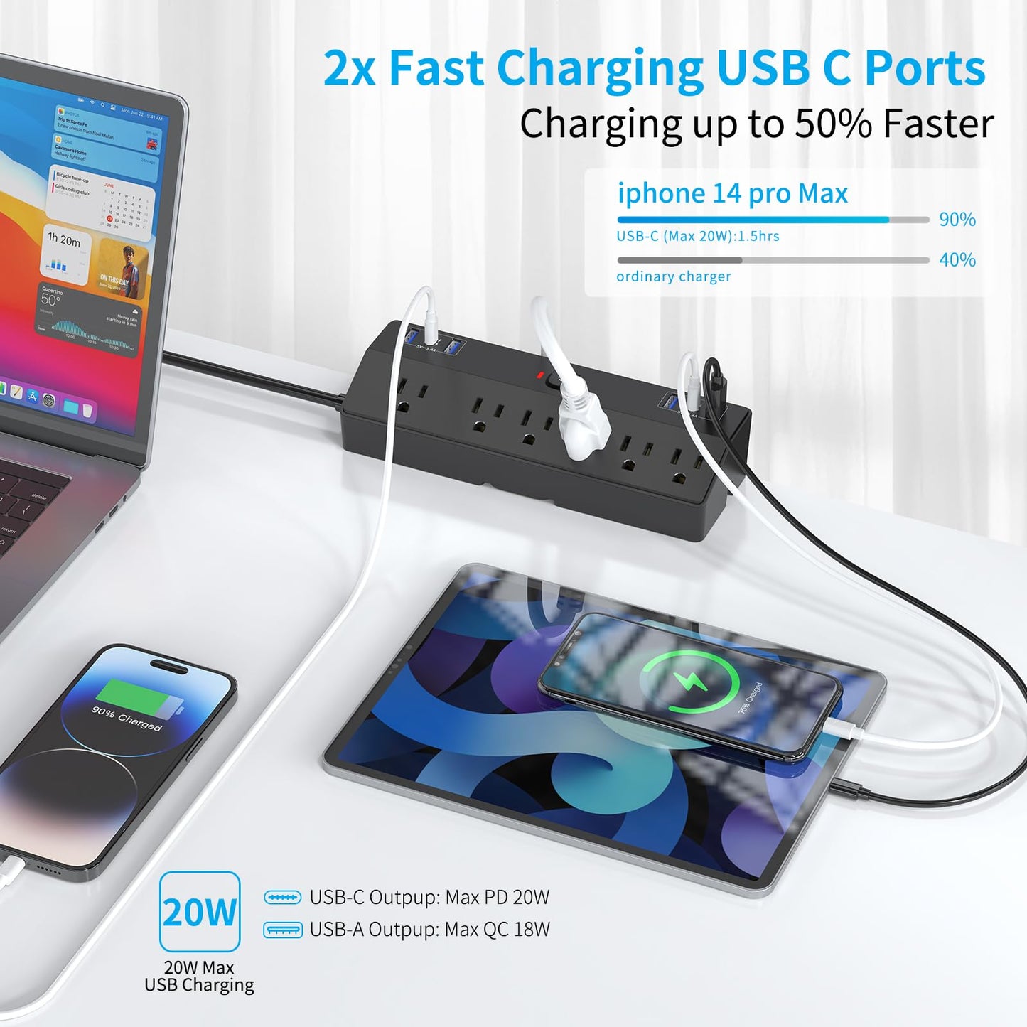 Desk Clamp Power Strip with 40W Fast Charging Station, JXGUCAT Removable Desk Clamp Mount Power Strip Surge Protector, 2 USB-C Ports, 6 AC Outlets and 10ft Cord, Fits 1.8" Tabletop Edge