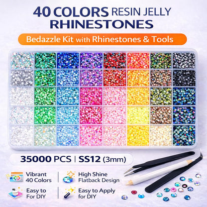 Badazzle Kit 40 Colors 35000PCS Bedazzled Kits Resin Jelly Flatback Rhinestones, Book Bedazzling Kit Bazzling Kits Small Gems with Tools Bedazzle Gems for Bedazzling Crafts & DIY Projects for Adults