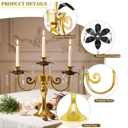 2 Pcs 3 Arm Black and Gold Metal Candelabra with Crystal Pendants - 11.8 Inch Tall Candle Holders, Elegant Taper Candlestick Stand for Wedding, Dining Table, Christmas Party Home Decoration