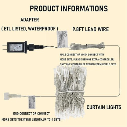 Dazzle Bright 300 LED Curtain String Lights - Waterproof Fairy Lights with 8 Modes | White Decor for Bedroom, Party & Wedding