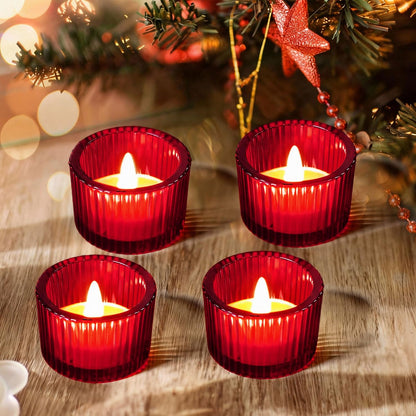 JOYIT Red Votive Candle Holders Bulk Set of 4, Tealight Candle Holder for Wedding Table Centerpiece, Glass Small Candle Holders for Birthday Party, Valentine's Day, Home Decor (2''X 1.4'')