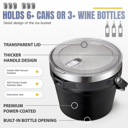 COKTIK 7L Vacuum Insulated Ice Bucket with Lid and Scoop& Tongs，Large capacity Stainless Steel Beverage Bucket for Cocktail, Champagne, Wine, Beer，Large Parties（Carbon Black Suit）