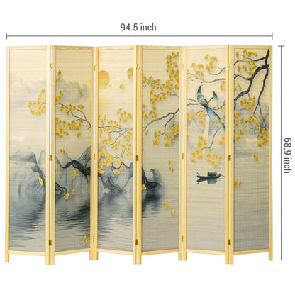 MyGift 6 Panel Large Bamboo Room Divider with Dual Sided Asian Birds Gingko Biloba Tree Sunset Design Print, 6FT Freestanding Artwork Privacy Partition Folding Screen with Beige Solid Wood Frame