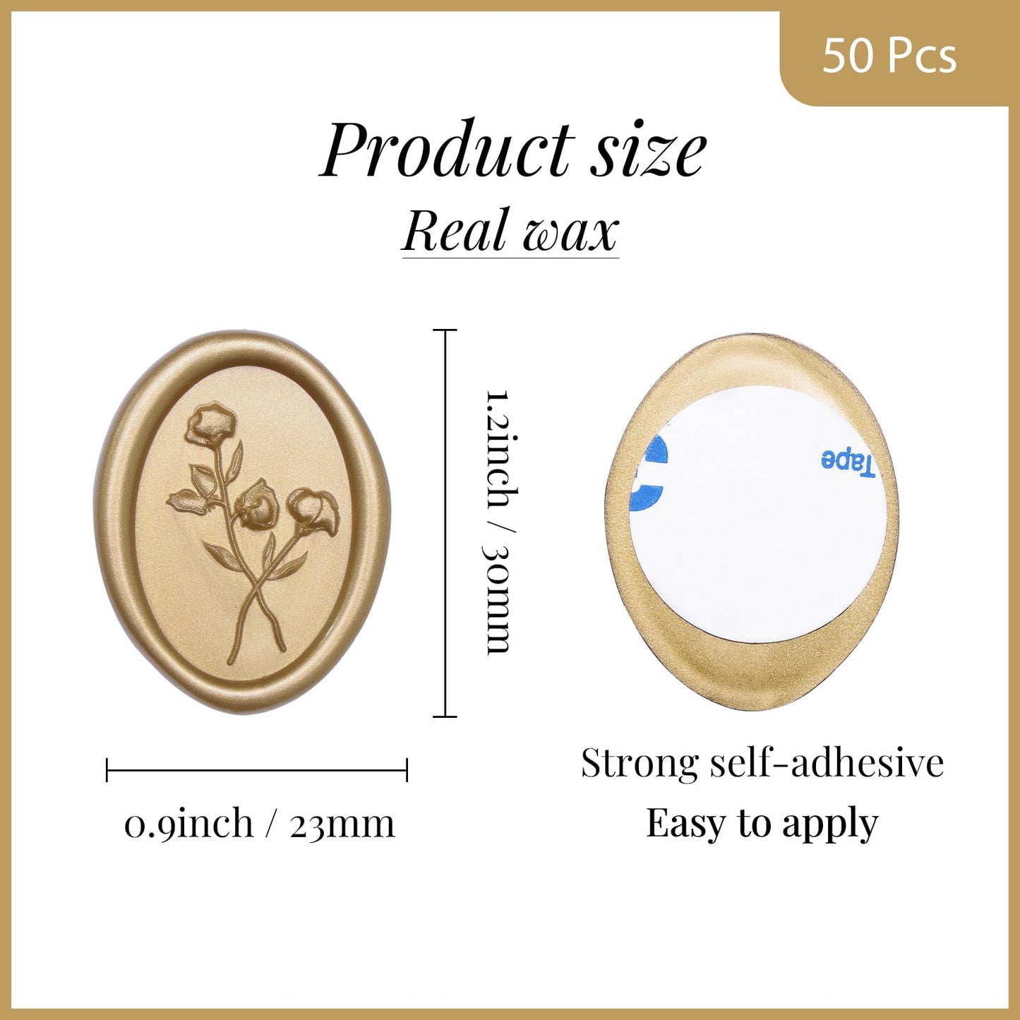 UNIQOOO Wax Seal Stickers - 3D Flower Oval Shape Wedding Invitation Envelope Seal Stickers, 50 Pcs Self- Adhesive Prosecco Metallic Light Gold Sticker, Perfect for Invitation, Christmas, Gift