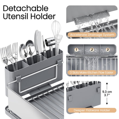 Dish Drying Rack Large Capacity - Stainless Steel Dish Rack for Kitchen Counter with Drain Board, Rustproof Dish Drainer with Auto Drain Spout Utensil Holder Glass Holder, Dinnerware Organizer, Gray