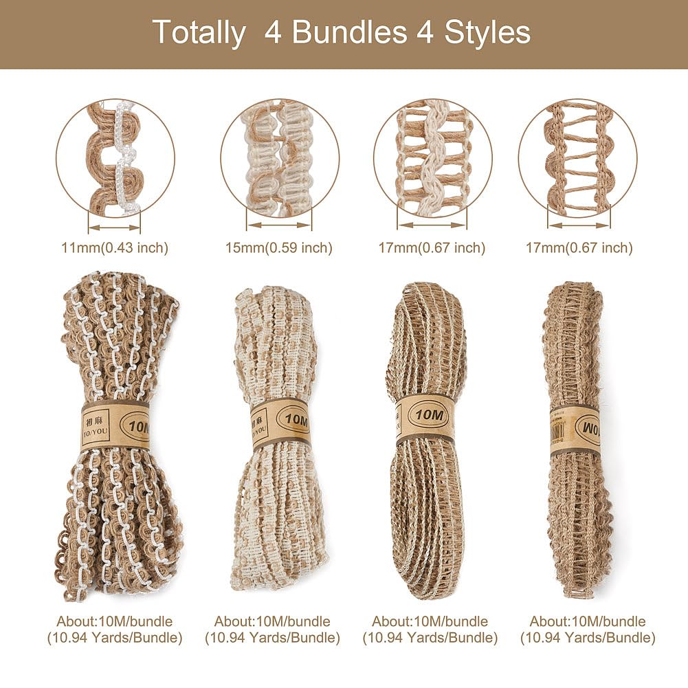 PH PandaHall 4 Rolls Natural Burlap Ribbons Jute Lace Ribbons Thin Crafts Fabric Ribbons Rustic Twine String for Gift Wrapping Wedding Christmas Party Home Decoration, 43.76 Yards