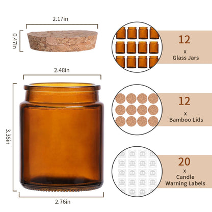 Lanttu 12 Pack Amber Candle Jars for Making Candles, 7.5oz Glass Jars with Wooden Lids and Labels, Candle Making Supplies Candle Containers for Home DIY, Gifts, Table Decor