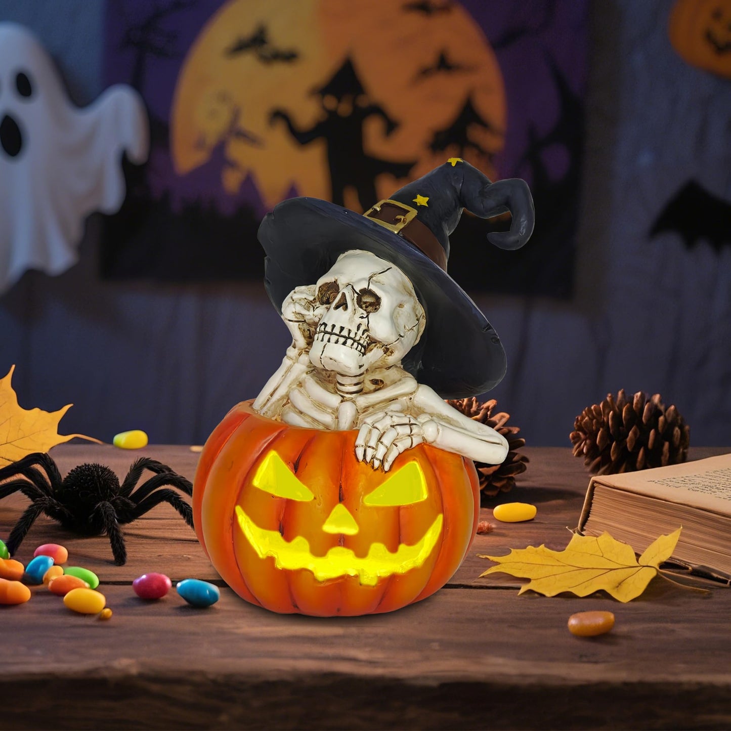 CFFOWNUG Skeleton Halloween Indoor Decoration: 6.1'' Witch Hat Skeleton Ornament with Solar Pumpkin for Home Fireplace Office Party Perfect Figurine Gift for Gothic Lovers