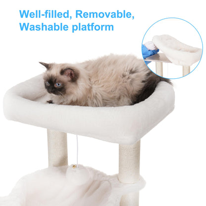 Hey-brother Cat Tree with Litter Box Enclosure, Modern Cat Tower for Indoor Cats with Large Platform, Condo Food Station and 2 Hammocks, All-in-one Cat Furniture, Wood Rustic Gray MPJ115SG