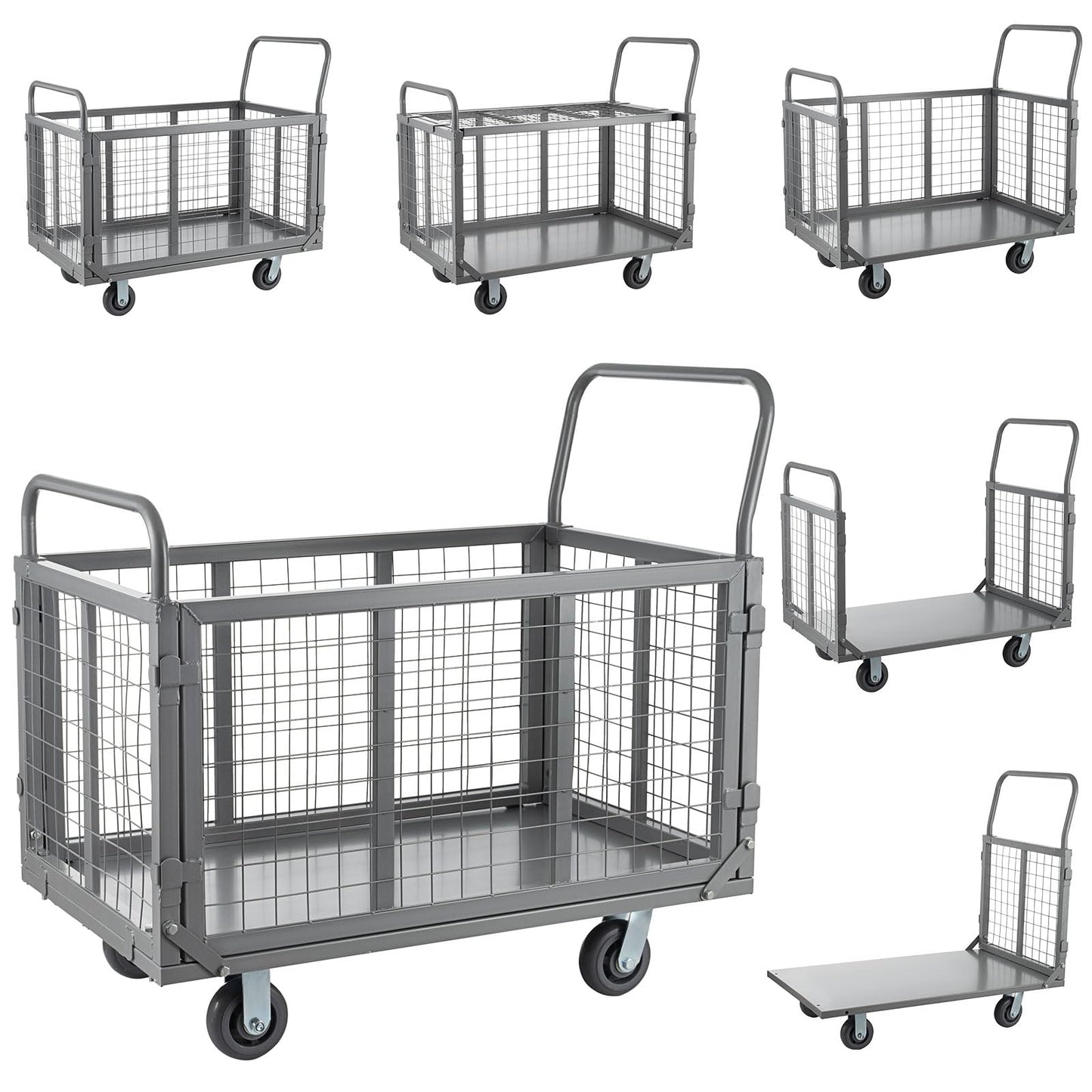 SmarketBuy Platform Truck Cart with Cage, 5 in 1 Heavy Duty Platform Carts with Cage 2000 LBS Capacity Foldable Push Cart Dolly with 5" Casters for Groceries/Garage/Warehouse