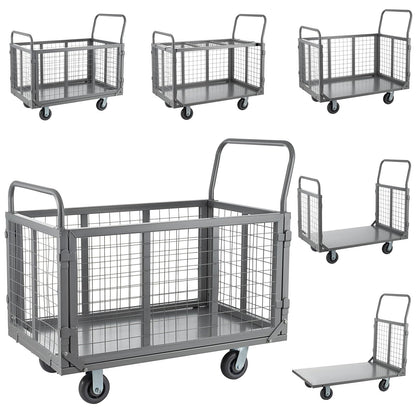 SmarketBuy Platform Truck Cart with Cage, 5 in 1 Heavy Duty Platform Carts with Cage 2000 LBS Capacity Foldable Push Cart Dolly with 5" Casters for Groceries/Garage/Warehouse