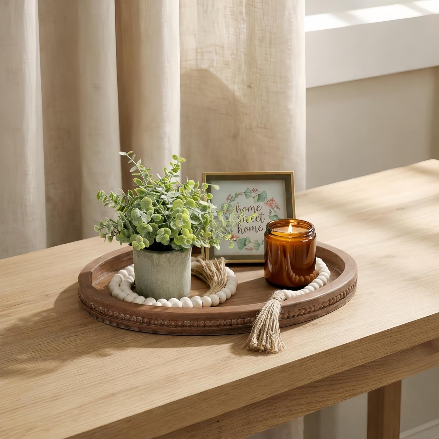 16" 11.8" 58" x Oval Wood Decorative Tray with Bead Garland, Farmhouse Coffee Table & Kitchen Island Dcor, Rustic Brown