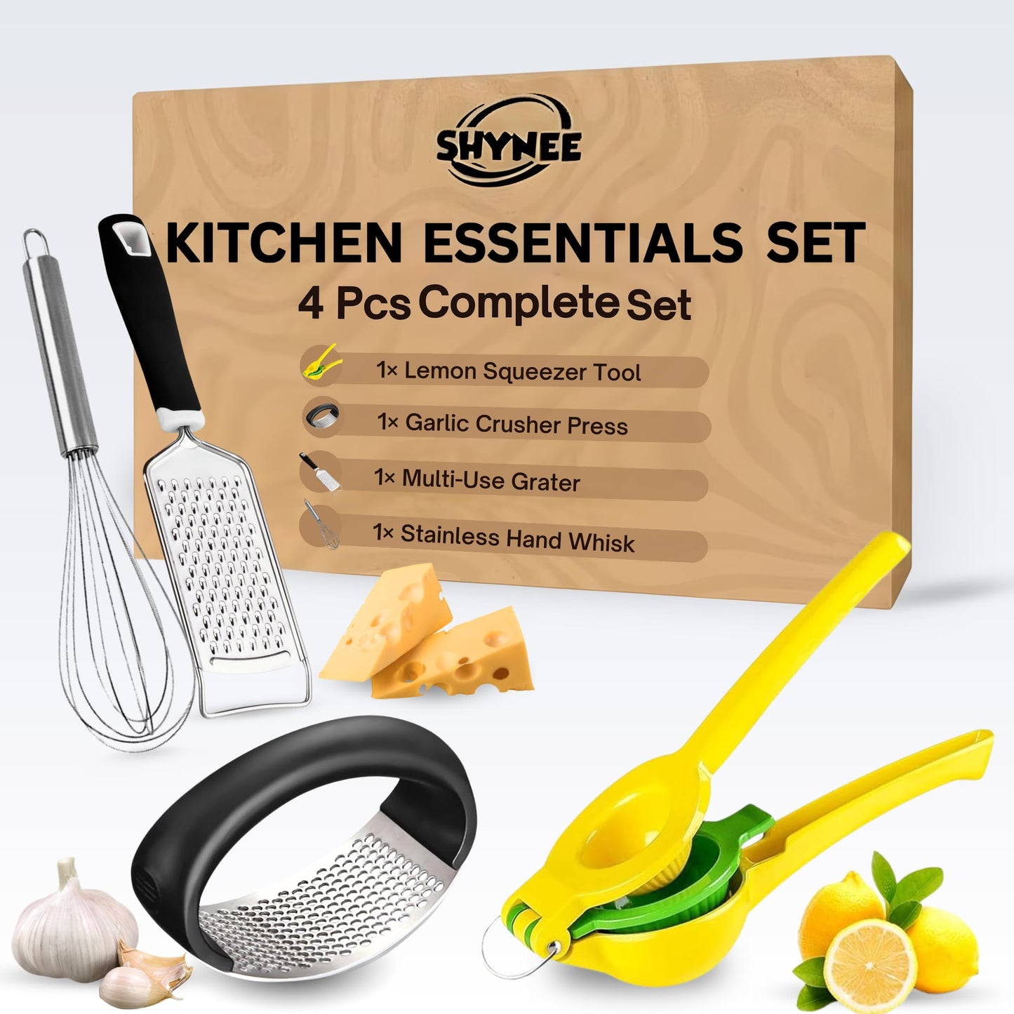 4PCs Kitchen Essentials Kit – Lemon Squeezer, Garlic Press, Stainless Steel Whisk, Multi-Use Grater, Cheese Grater – Durable, Easy to Clean Cooking Tools Set for Everyday Meal Prep
