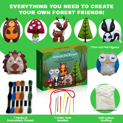 DeFieltro Sewing Kit for Kids - DIY Forest Animals Kids Sewing Kit for Beginners Ages 7-12, Educational Craft Kits with 7 Felt Figures, Safe Plastic Needles and Accessories