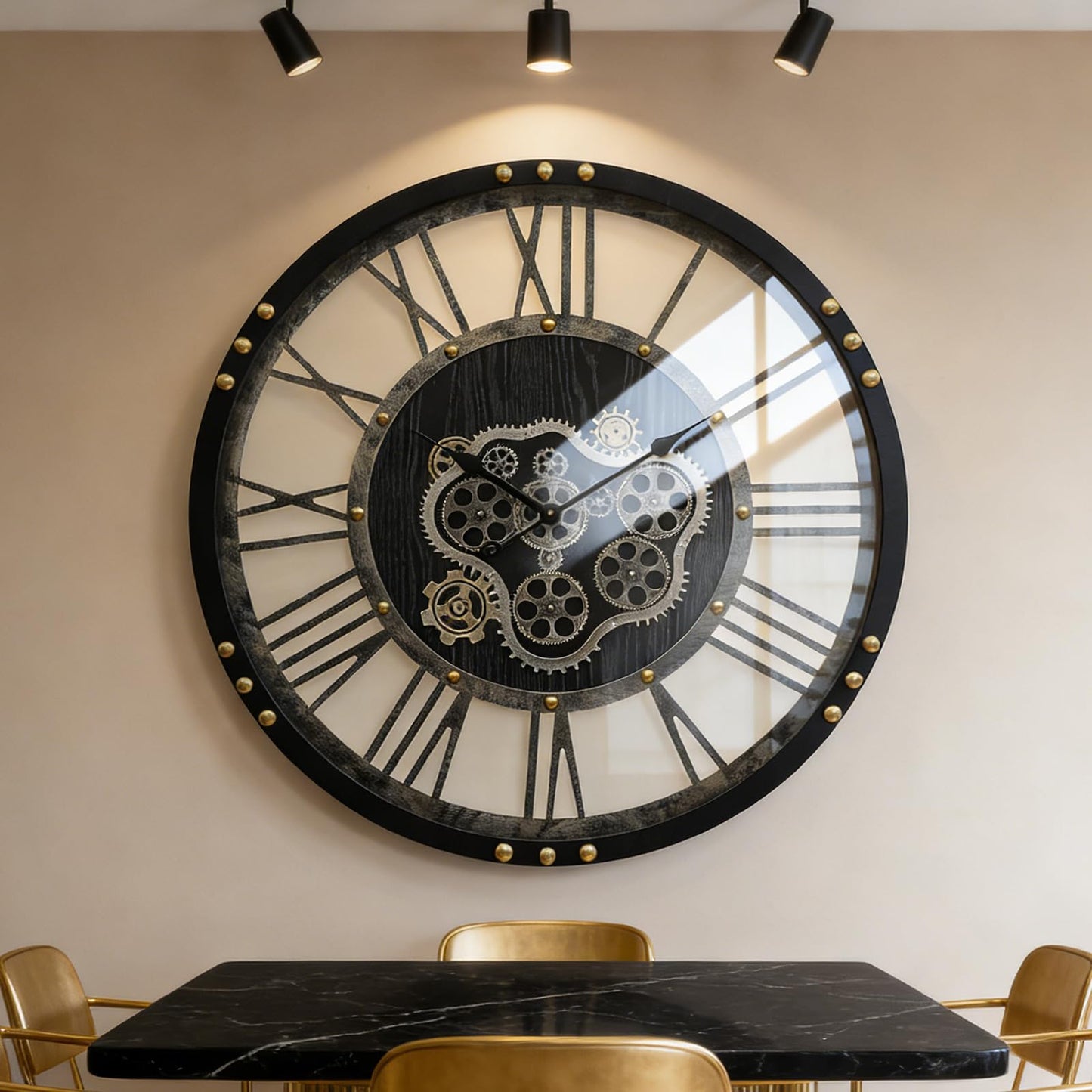 AMAATE Steampunk Wall Clock with Moving Gears, Kinetic Mechanical Industrial Design, Retro Distressed Iron Finish, Dynamic Art for Living Room and Bar Decor, 32 Inch