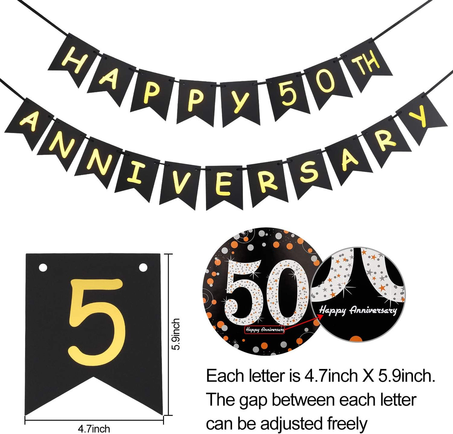50th Wedding Anniversary Decorations Kit, Gold Glitter Happy 50th Banner, Sparkling 50 Hanging Swirls, Poms