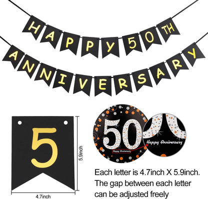 50th Wedding Anniversary Decorations Kit, Gold Glitter Happy 50th Banner, Sparkling 50 Hanging Swirls, Poms