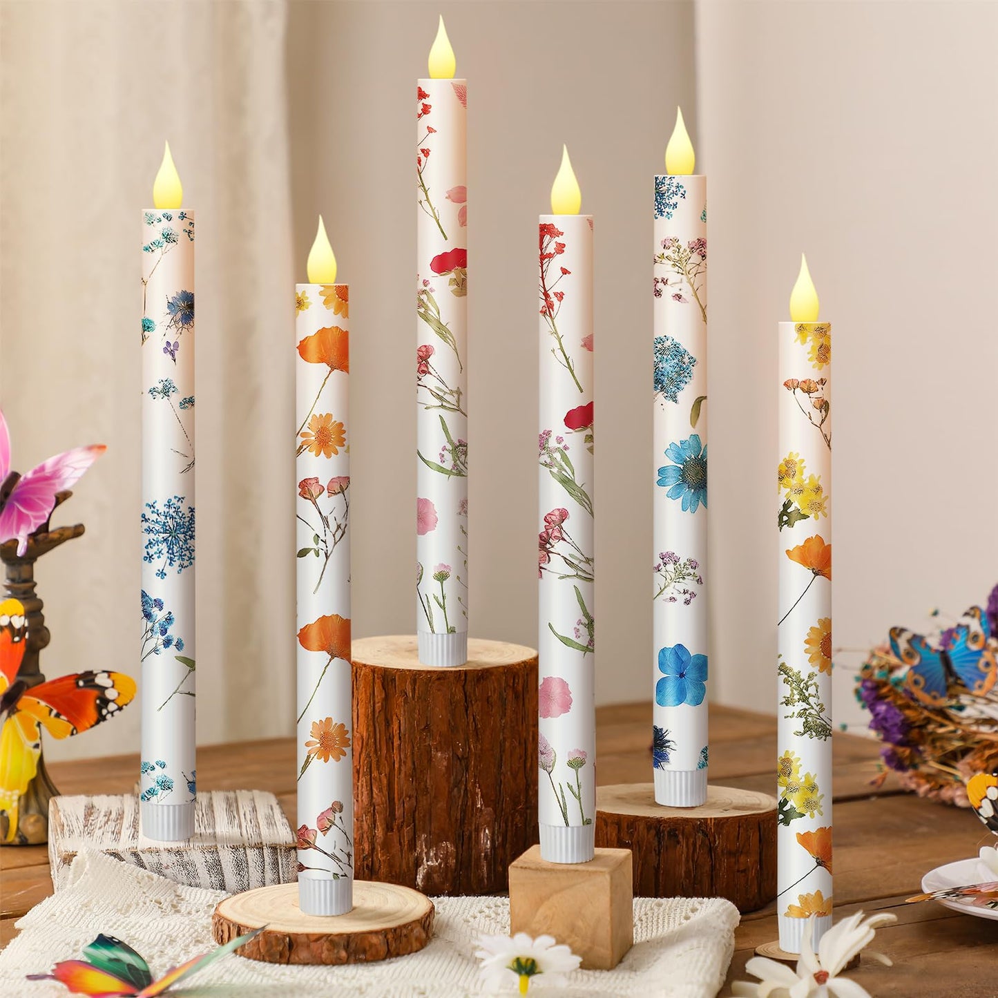 Nuanchu 6 Pcs Flower Flameless Candles 10. 6 '' LED Pressed Floral Pastel Taper Candle Battery Operated Flameless Taper Candlestick Dried Flower Candlestick for Home Wedding Summer Garden Party Decor