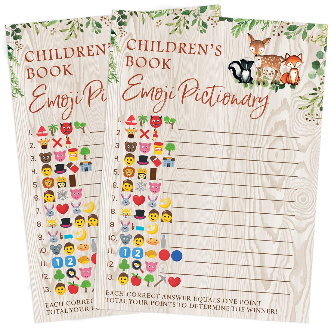 Printed Party Baby Shower Games, Children's Book Emoji Game for Boy or Girl, Woodland Forest Animals Theme, 50 Cards