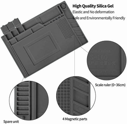Kaisiking Magnetic Repair Work Mat Premium Silicone Soldering Mat for Soldering, Electronics, Computer Cellphone Repair, BGA Soldering Gun Iron Workbench Protection S160 Mat（Grey）