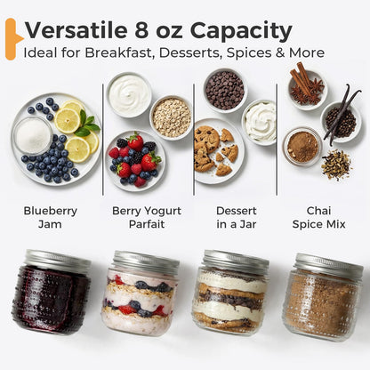 NETANY 6 Pack Small Glass Jars with Lids 8 oz Vintage Embossed Half Pint Mason Jars, Regular Mouth Canning Jars with Metal Lids for Pickling, Jam, Honey, Spice, Yogurt, Candle Making and DIY Crafts