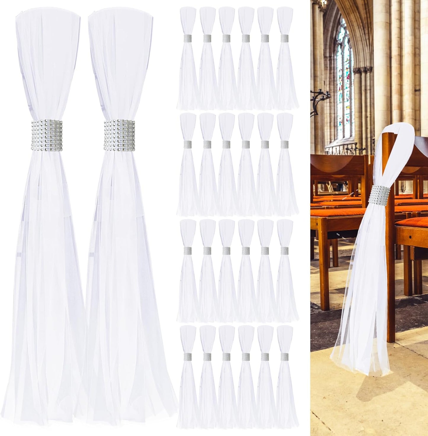 Skiennix 26 Sets Large White Pew Bows - Tulle Wedding Aisle Chair Decorations for Ceremonies