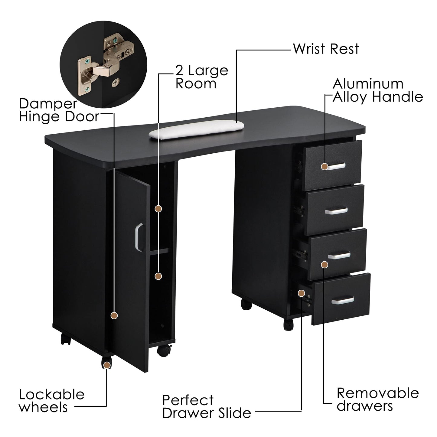 BarberPub Manicure Table, Acetone Resistant Nail Desk, Nail Table with 4 Drawers, 2 Cabinet, Lockable Wheels, Wrist Pad, Nail Desk for Nail Tech, Beauty Salon Black 0611