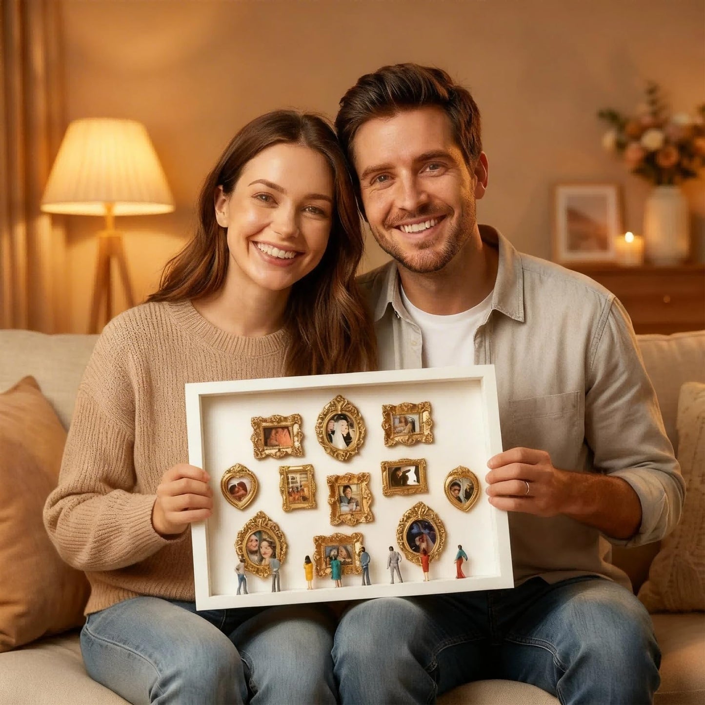WQLLWFC Mini Museum Frame Silhouette Box Kit ，Wedding Shadow Memory Box with Gold Frames & Figurines & Background Paper，Perfect for Anniversaries, Mother's Day, Birthdays, Valentine's Day , Home Decor
