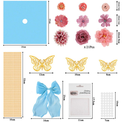 45 PCS DIY Graduation Cap Decoration Kit - 8 Cream Construction Paper with Artificial Flower Heads Bow 3D Butterfly Pearl Adhesive Dots Rhinestone Stickers for Grad Hat Topper DIY (Light Blue)