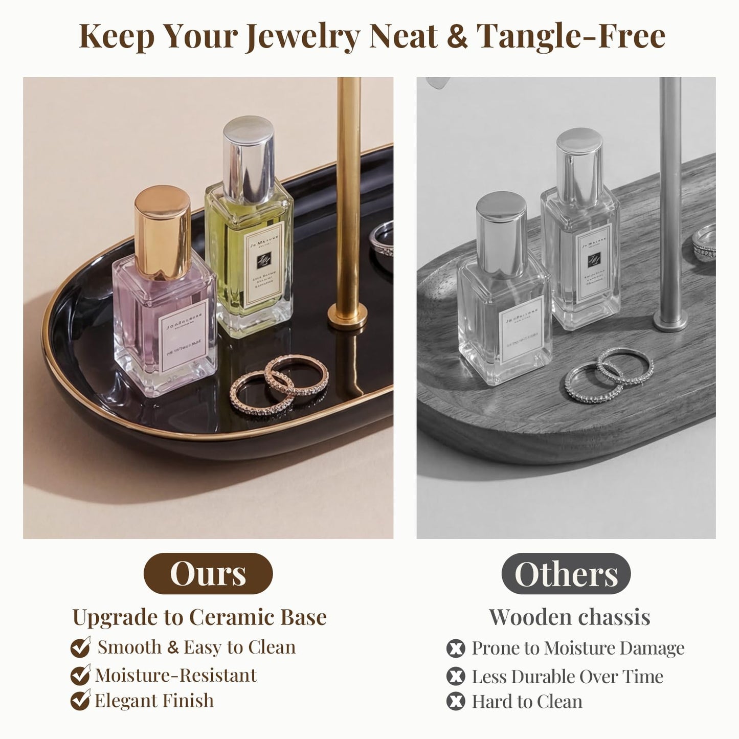 Saydear Velvet Jewelry Organizer Stand, T-Bar Necklace Holder with Ceramic Ring Dish Tray, Watch & Bracelet Display Organizer for Vanity, Dresser, Nightstand, Luxury Gift for Women Black