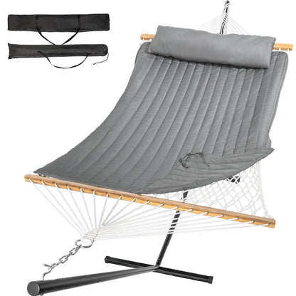 Everyfun 2 Person Outdoor Hammock with Stand, Cotton Rope Hammock with Polyester Pad, Adjustable Steel Frame, Portable with Carrying Bag – for Patio, Backyard, Garden, Beach, Urban-Gray